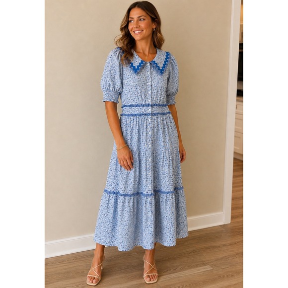 Hyacinth House Dresses & Skirts - Hyacinth House Floral Midi Dress Blue Purple Cottagecore Boho Ric Rac Small